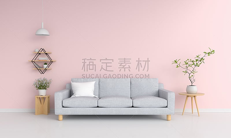 三维图形,粉色,灰色,起居室,沙发,室内,柔和色,白色,木制,平坦的