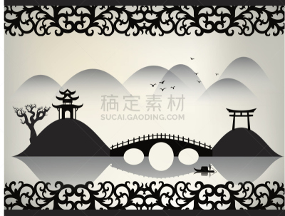 中国,地形,船,自然美,湖,绘画插图,卡通,日本,建筑结构,亚洲