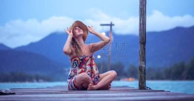 长发,码头,女孩,帽子,木制,黄昏,晒黑,水,旅行者,夏天