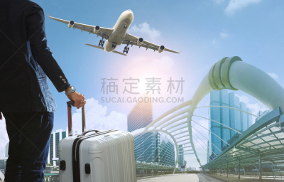 男商人,旅游目的地,飞机,摩天大楼,城市生活,行李,在上面,曼谷国际机场,泰国公开赛,飞