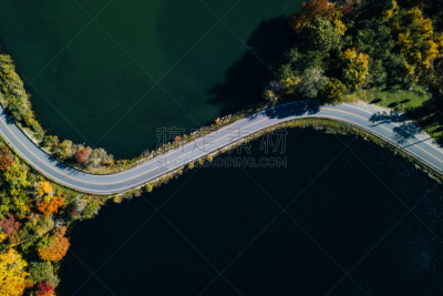 秋天,路,湖,森林,航拍视角,在活动中,旅途,汽车,公路,无人机