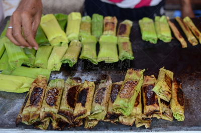 格子烤肉,香蕉叶,塞满了的,印度香米,热,有序,部分,米,东方食品,椰子