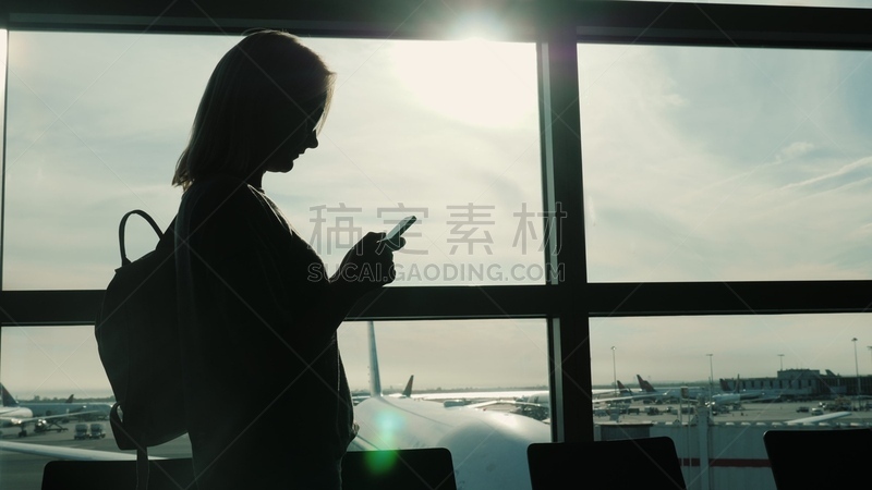 女人,机场,永远,窗户,巨大的,电子邮件,平衡折角灯,剪影,靠近,做