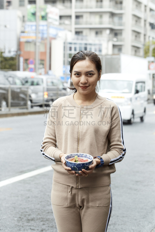 女人,拿着,日本,生鱼片,街道,传统,寿司,清新,食品,米