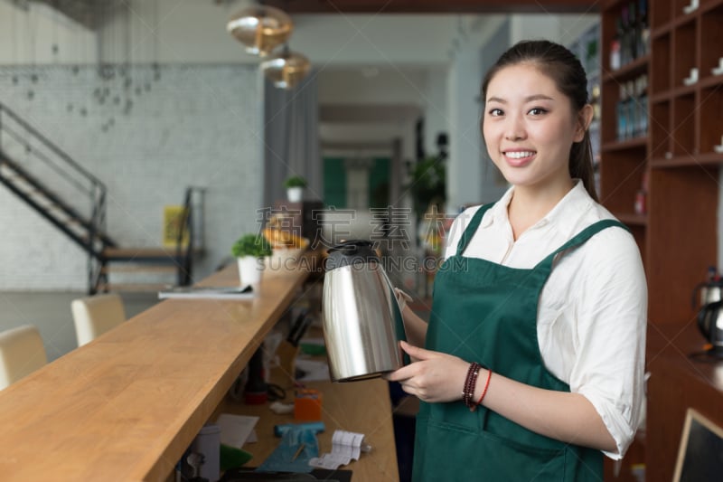 女人,青年人,咖啡馆,可爱的,女招待,饮料,商务,杯,肖像,东亚人