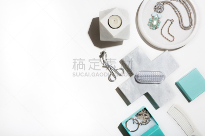 化妆用品,干净,白色,平铺,青绿色,清新,浴帽,排列整齐,个人随身用品,美