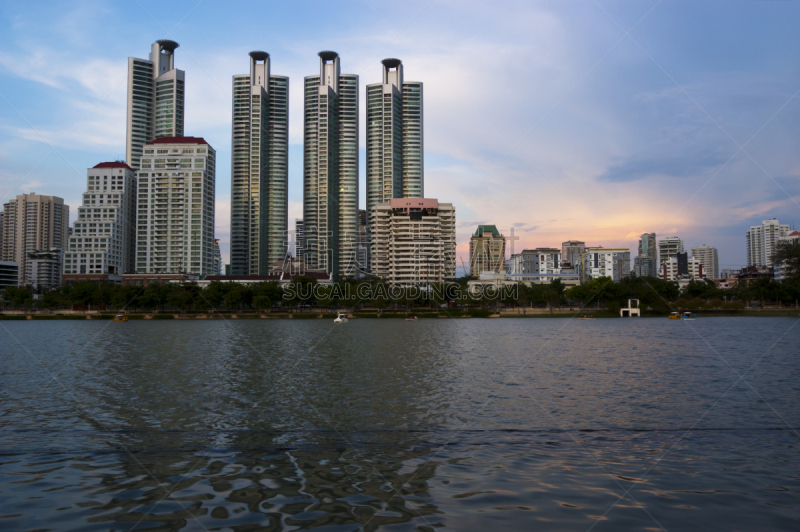 泰国,都市风景,曼谷,办公大楼,水平画幅,无人,曙暮光,户外,班戈寇科省,居住区