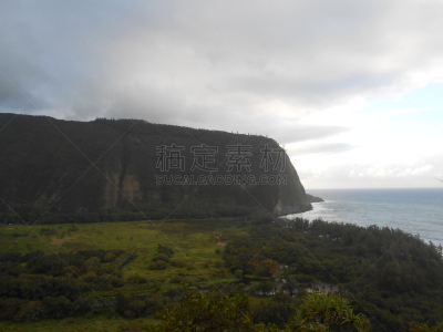 威毕欧山谷,夏威夷大岛,水平画幅,高视角,山,瀑布,木瓜,无人,观测点,户外
