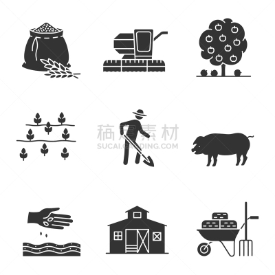 符号,农业,谷仓,绘画插图,联合收割机,肉,田地,植物,铲子,成年的