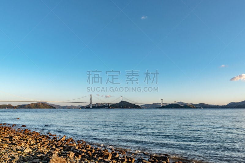 濑户内海,来岛海峡大桥,天空,美,水平画幅,无人,早晨,索桥,户外,海滩