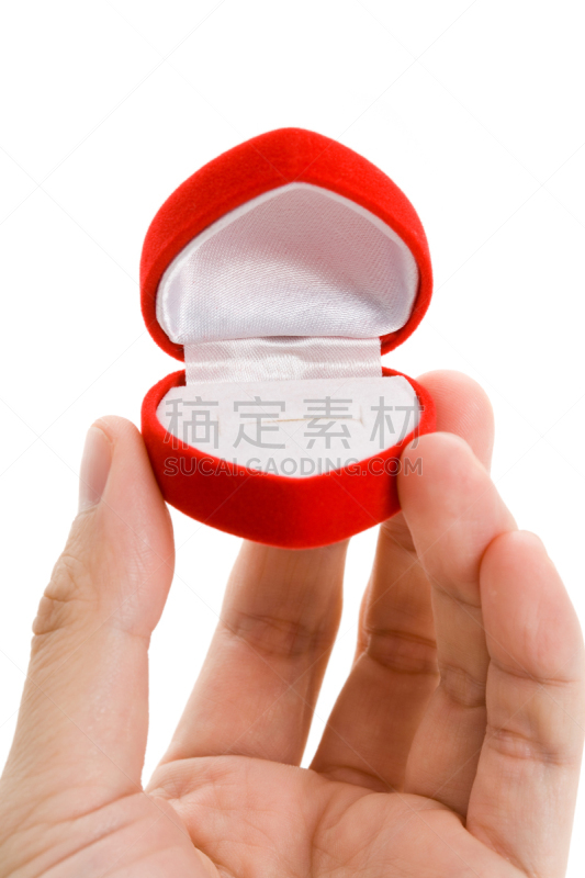 首饰盒,红色,心型,空箱子,垂直画幅,形状,手,白色背景,拿着