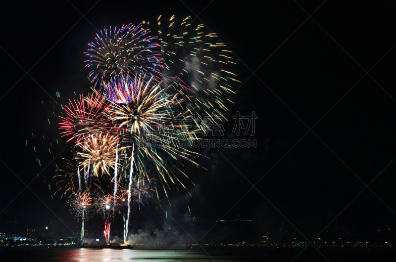 夜晚,焰火,水,天空,美,新的,水平画幅,沙滩派对,历日