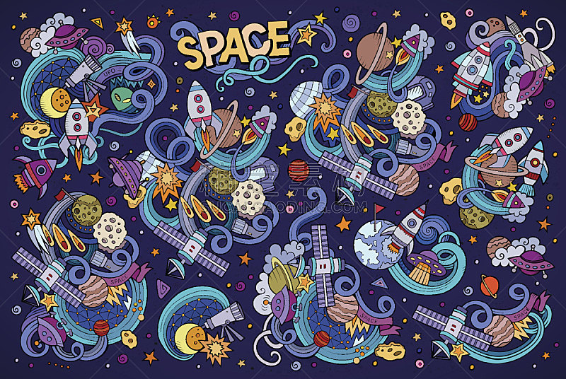 卡通,矢量,太空,组物体,乱画,动物手,色彩鲜艳,天空,星系,宇航员