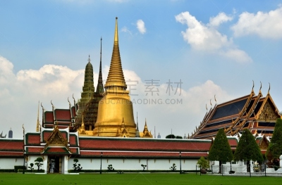 泰国,曼谷,玉佛寺,普拉考乌敦陶佛寺,小乘佛教,金叶,留白,水平画幅,高视角,无人