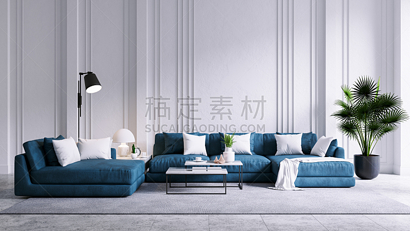 沙发,现代,三维图形,起居室,混凝土,蓝色,室内地面,白色,墙,复古