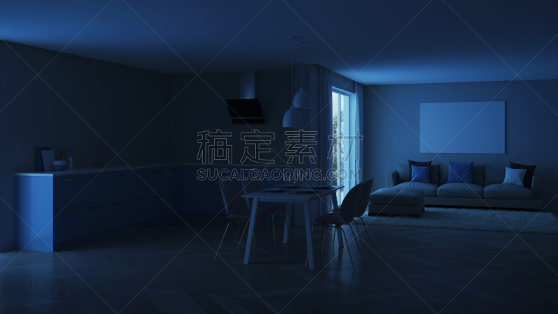 现代,三维图形,厨房,房屋,室内,蓝色,夜晚,抽油烟机,窗帘,舒服