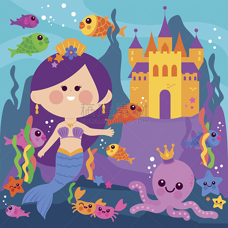 美人鱼,水下,城堡,海洋生命,章鱼,女王,公主,海星,动物,儿童