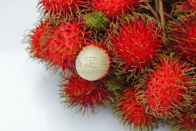 水果,红毛丹,白色背景,叶子,水平画幅,无人,维生素,熟的,特写,泰国