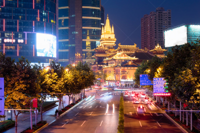 上海,寺庙,平衡折角灯,金色,南京路,水平画幅,全景,夜晚,当地著名景点,交通