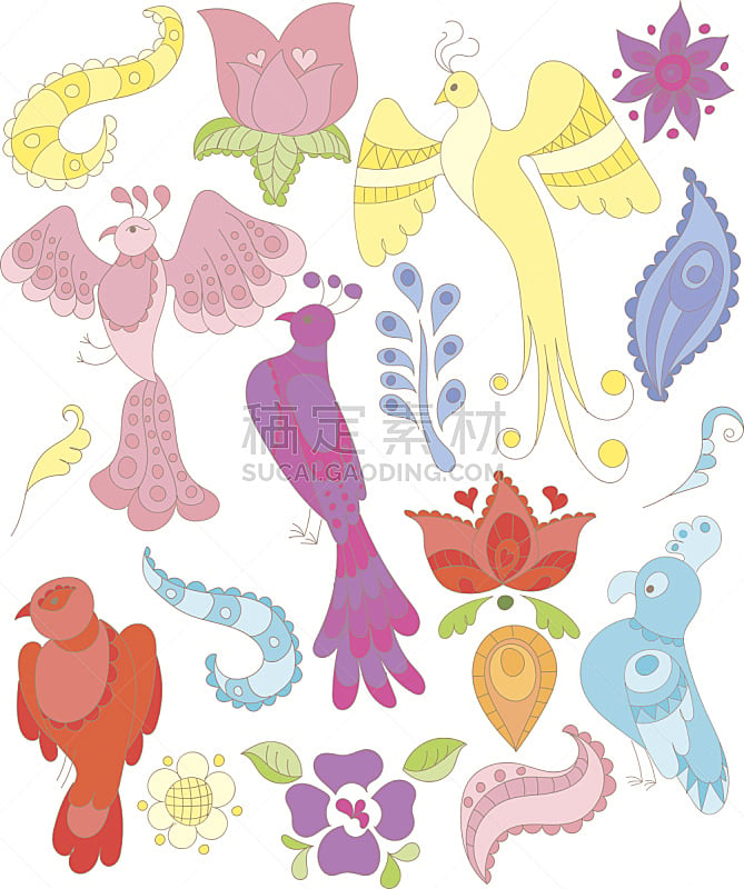 鸟类,仅一朵花,翎毛,乱画,幻想,贺卡,艺术,纺织品,绘画插图