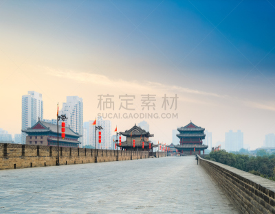 黄昏,西安,塔,城墙,纪念碑,天空,灯笼,水平画幅,无人,户外