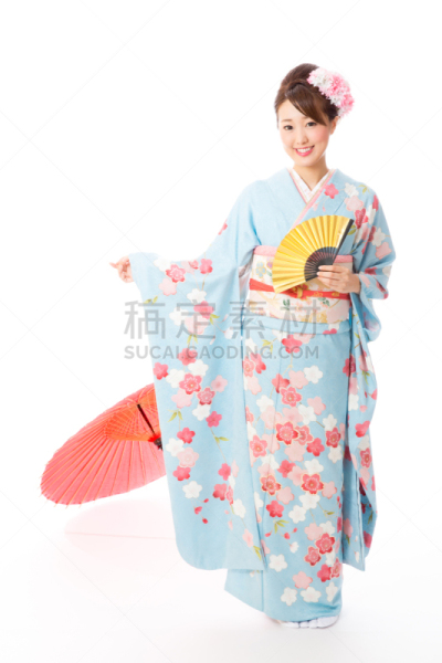 长袖和服,美女,白色背景,分离着色,女人,衣服,和服,和服腰带,垂直画幅,注视镜头