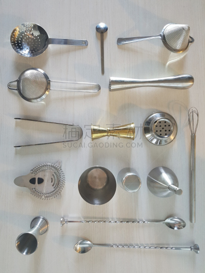 设备用品,调酒师,平铺,水平画幅,过滤勺,无人,饮料,金属,白色,搅拌钵