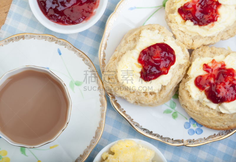 下午茶,凝乳,烤饼,草莓酱,德文郡,英格兰,餐具,特写,自制的