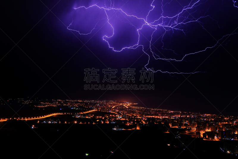 雷雨,城市,夜晚,土耳其,萨姆松,在上面,气候,暗色,云景,照明设备