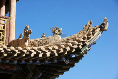 屋檐,远古的,建筑外部,图腾柱,天空,水平画幅,无人,古典式,东亚,特写