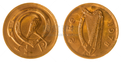 1978,爱尔兰共和国,分离着色,白色背景,爱尔兰币,竖琴,水平画幅,无人,符号,特写