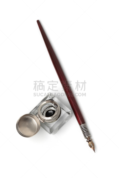 油墨缸,墨水笔,垂直画幅,古董,无人,古典式,白色背景,水笔,背景分离,摄影