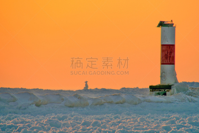 码头,冰,冬天,石堆纪念碑,自然,天空,美国,水平画幅,橙色,雪