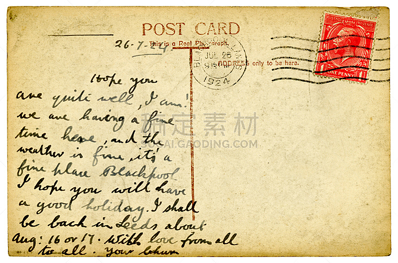 1924,布莱克浦,兰开夏,明信片,george v,利兹市,1920年-1929年,20世纪风格,邮戳,古典式