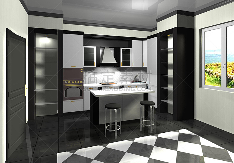 黑色,白色,厨房,极简构图,式样,三维图形,简单,厨房水槽,微波炉,窗户