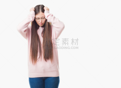 头痛,中国人,发狂的,痛苦,青年人,背景聚焦,手插入头发,分离着色,压力,女人