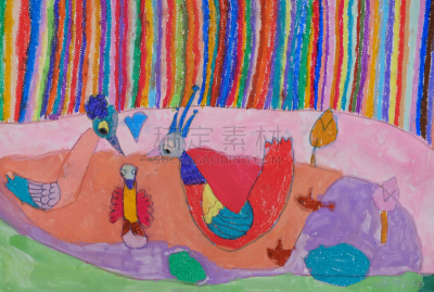 鸟类,童年,绘画艺术品,三只动物,自然,水平画幅,可爱的,绘画插图,夏天,草