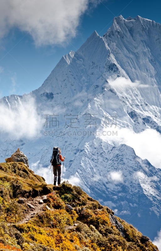 喜马拉雅山脉,徒步旅行,登山杖,垂直画幅,雪,旅行者,户外,运动,山,成年的