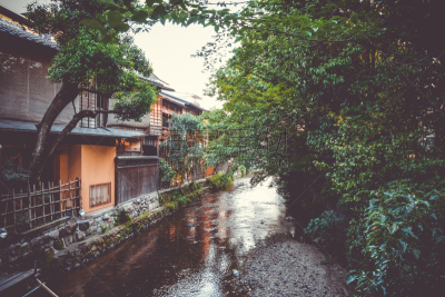 Traditional japanese houses on Shirakawa river, Gion district, Kyoto, Japan