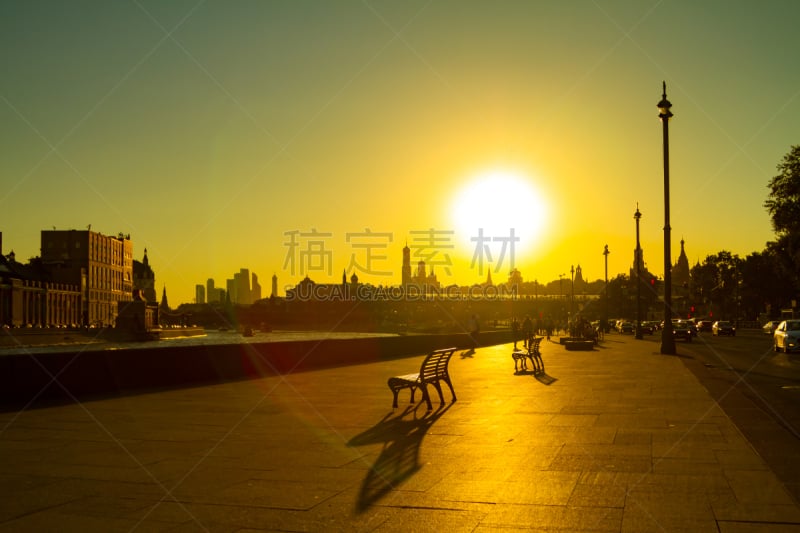 Sunset on Moskvoretskaya Embankment and Zaryadye. It is new park built in historic centre of city, stone’s throw away from Kremlin and Red Square. Moscow, Russia.