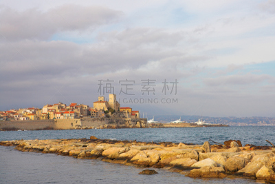 安提布,格里马尔蒂城,天使湾,欧盟旗,天空,水平画幅,墙,海港,旅行者,户外