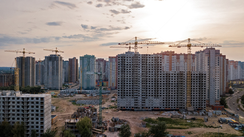 居住区,建筑工地,乌克兰,城市,航拍视角,起重机,在上面,城市天际线,建筑外部,日落