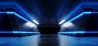 空的,隧道,走廊,三维图形,未来,混凝土,霓虹灯,蓝色,黑色,发光