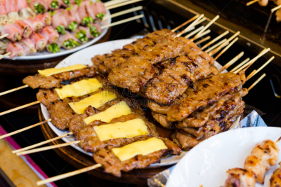 奶酪,泰国,串肉签,猪肉,格子烤肉,沙嗲,水平画幅,胡椒,开胃品,传统