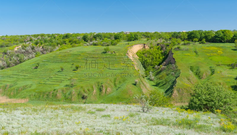 全景,绿色,地形,沟壑,水平画幅,无人,泥土,在边上,户外,草