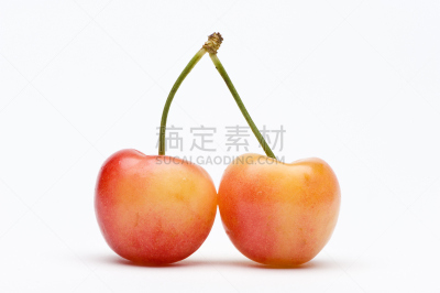 雷尼优系,一对,樱桃,黄色,图像,白色背景,背景分离,生活方式,植物茎,健康食物