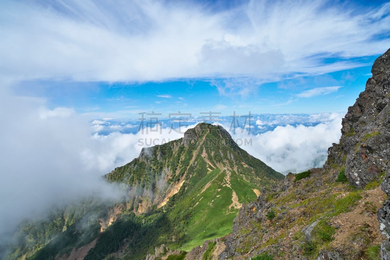 山,自然,天空,留白,水平画幅,巴岳山,长野县,无人,全景,日本