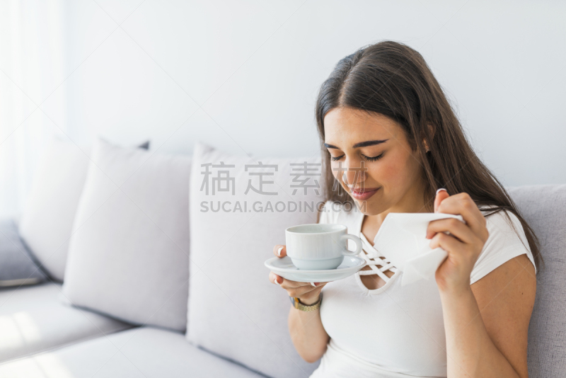 热,特写,自然美,青年女人,茶杯,杯,舒服,情绪压力,痛苦,疲劳的
