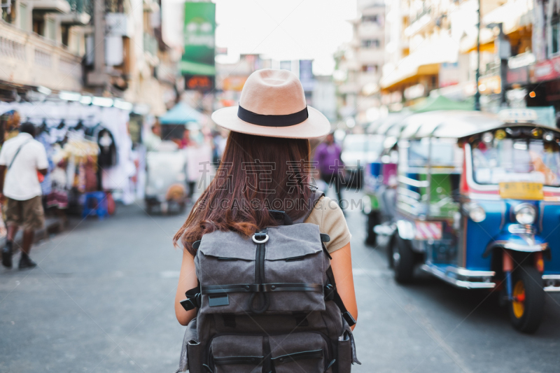 泰国,考山路,背面视角,女人,旅行者,亚洲,背包族,曼谷,旅途,户外