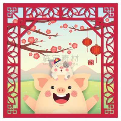春节,猪,卡通,2019,窗框,可爱的,贺卡,灯笼,中国灯笼,边框